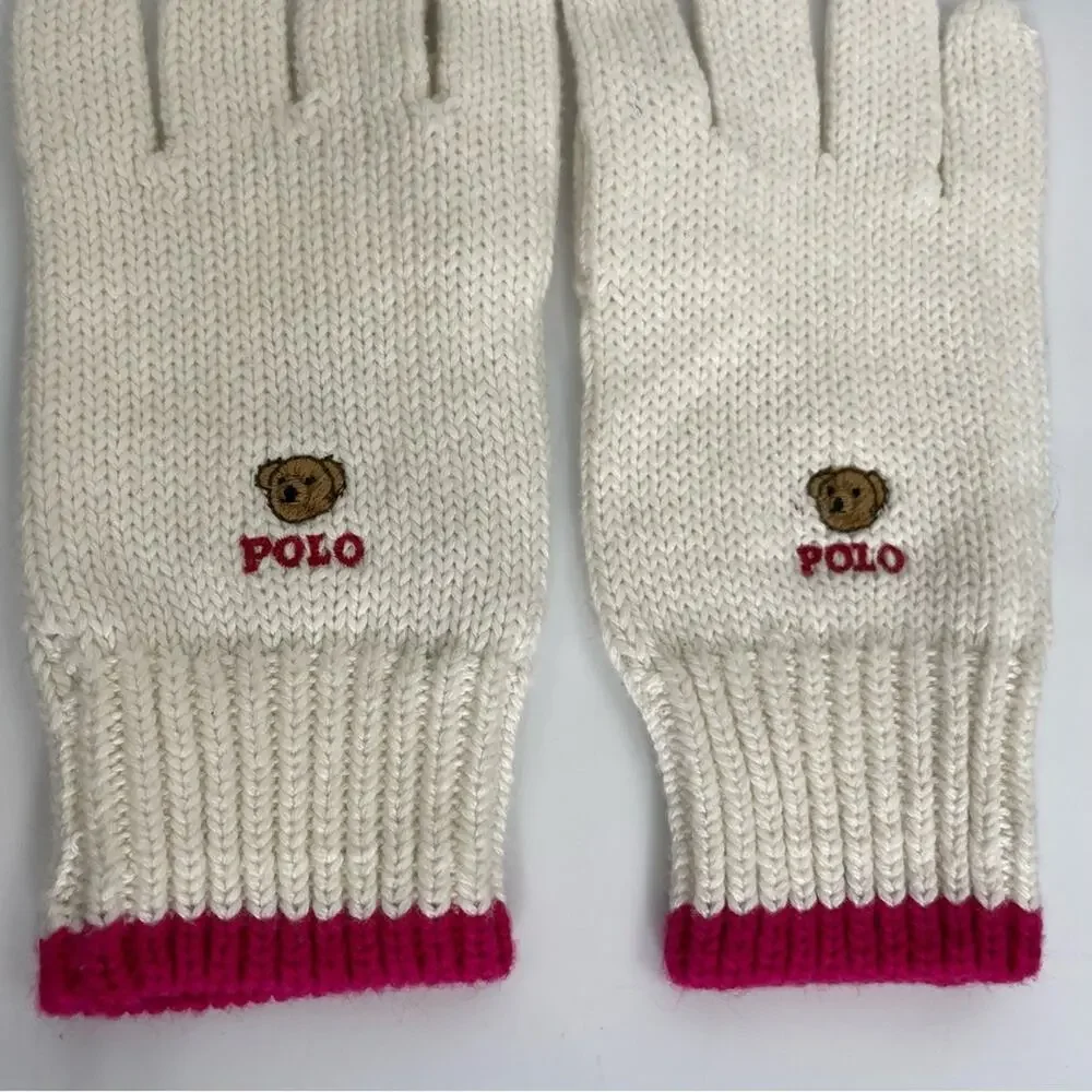 Polo Ralph Lauren OS(4-7) ivory pink polo bear girl's gloves